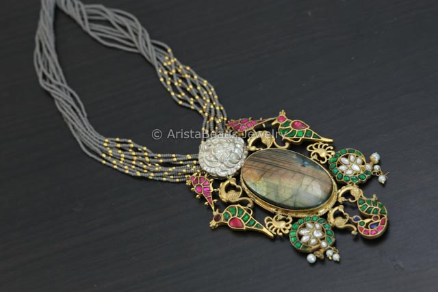 Jadau Kundan Pendant Necklace - Labradorite Cab
