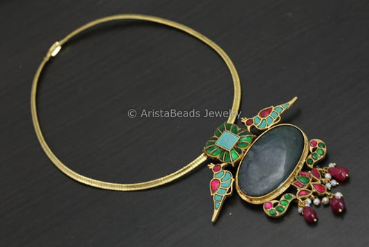Jadau Kundan Pendant Hasli Necklace - Moss Agate Cab