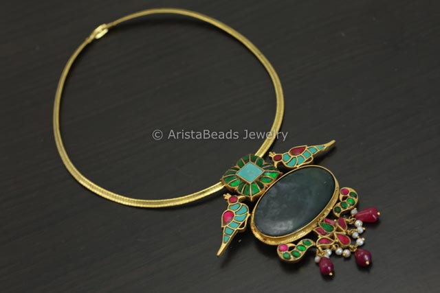 Jadau Kundan Pendant Hasli Necklace - Moss Agate Cab