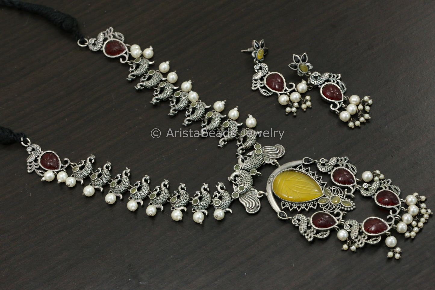 Carved Stone Oxidized Peacock Necklace Set - Yellow Red