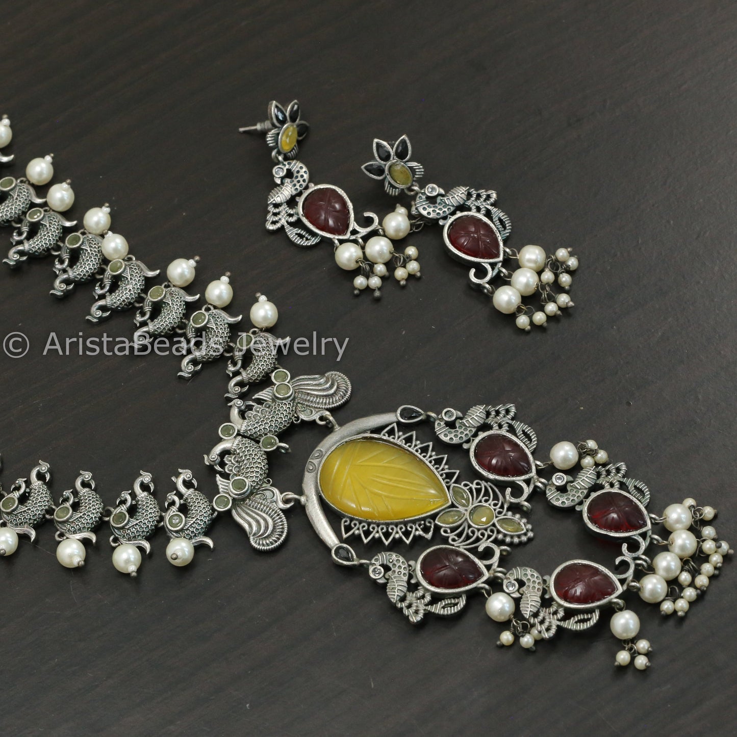 Carved Stone Oxidized Peacock Necklace Set - Yellow Red