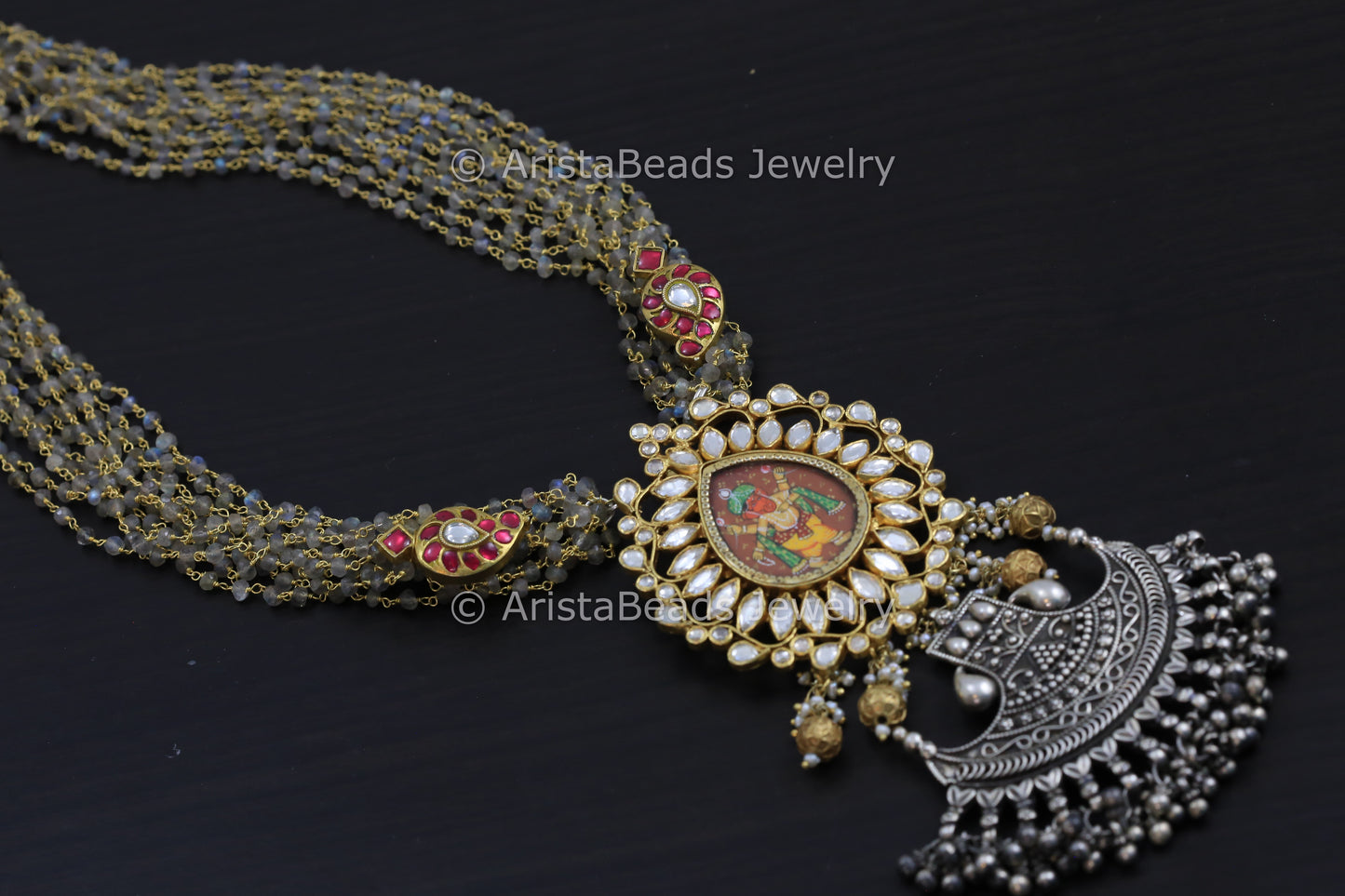 925 Fusion Kundan Necklace In Silver Labradorite Chains