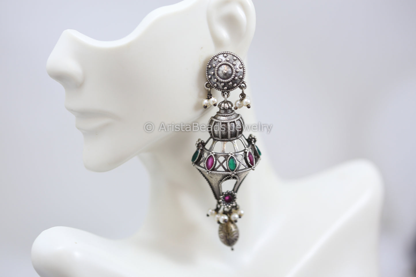 Long Silver Look Earrings - Ruby Green