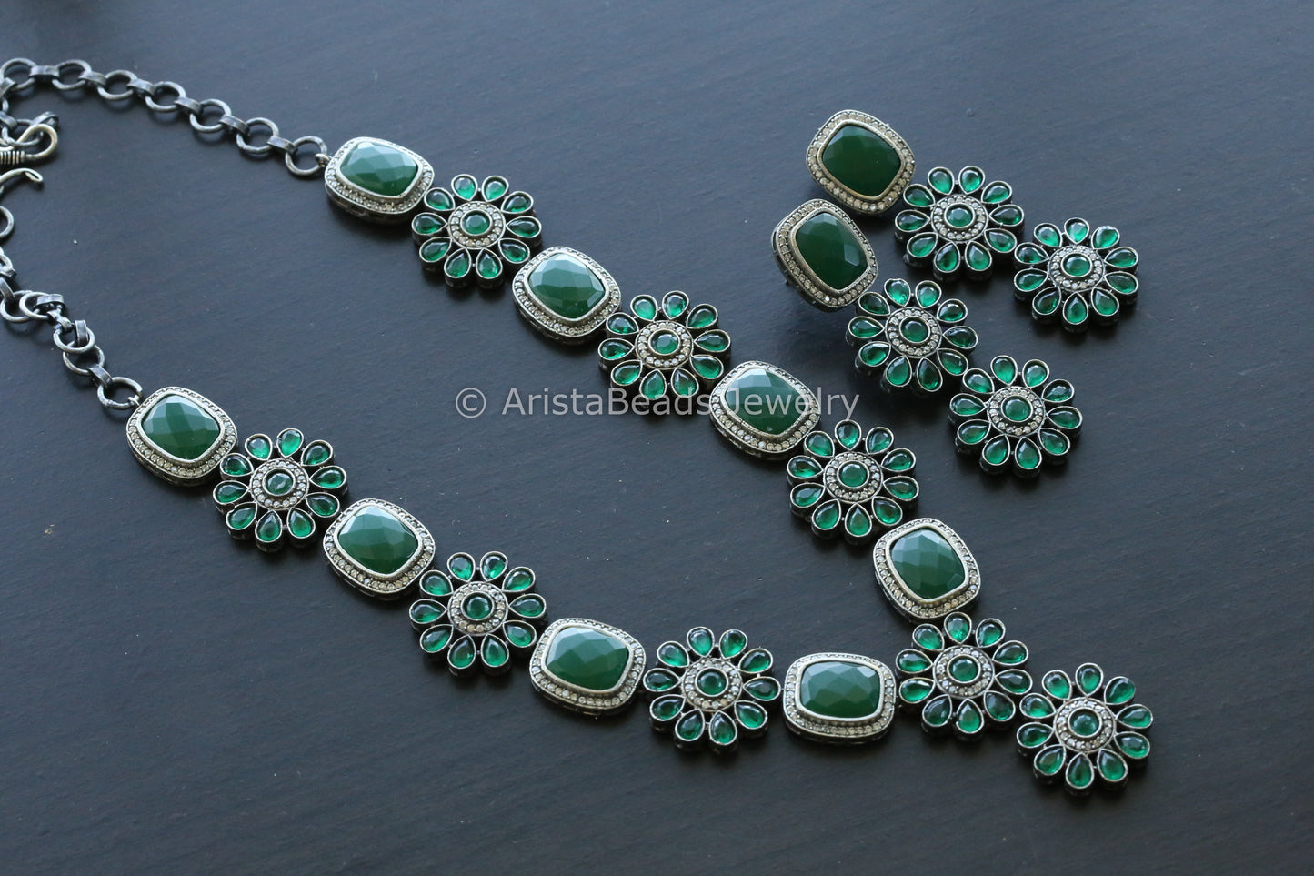 Oxidized Emerald Stone Necklace Set