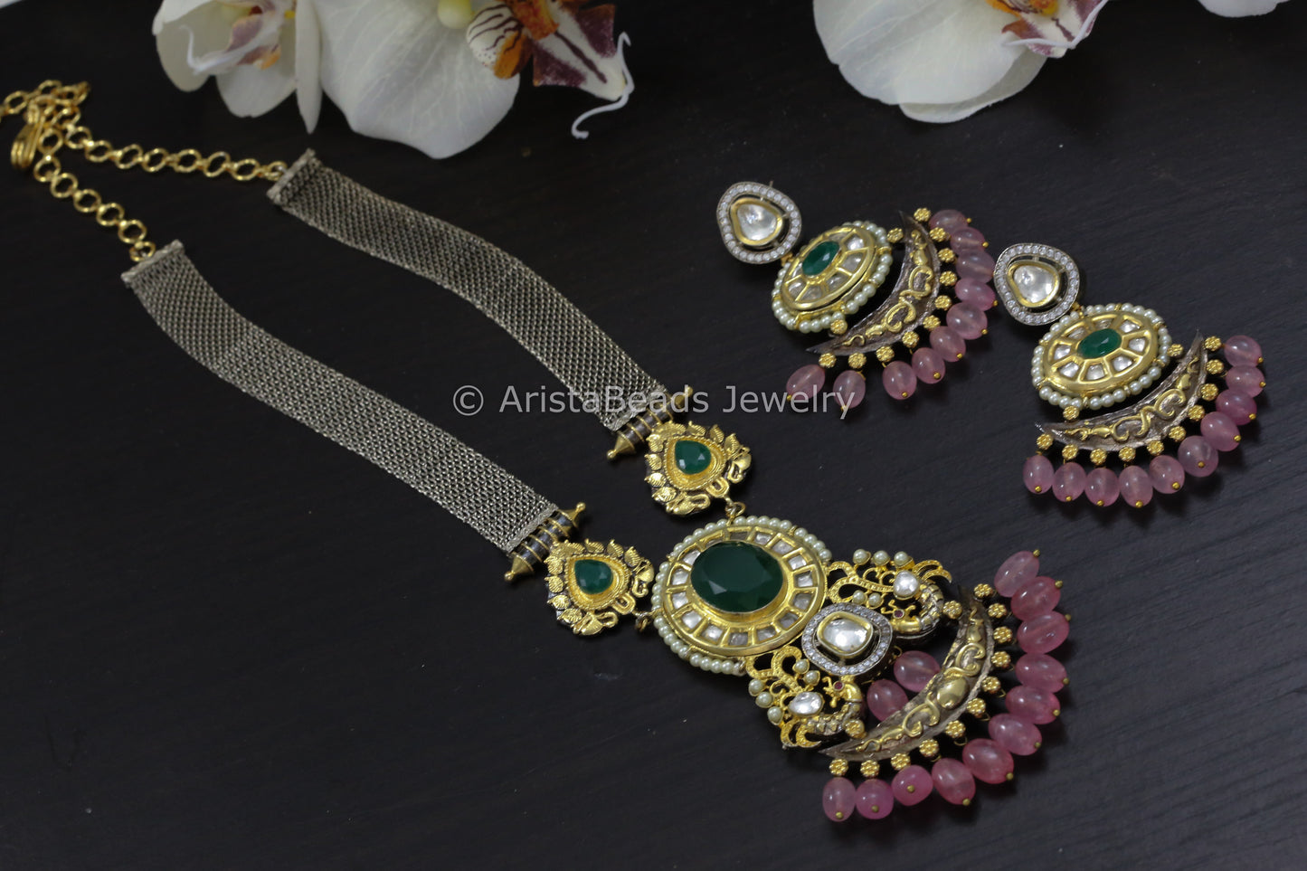 Contemporary Two Tone Kundan Necklace Set - Green