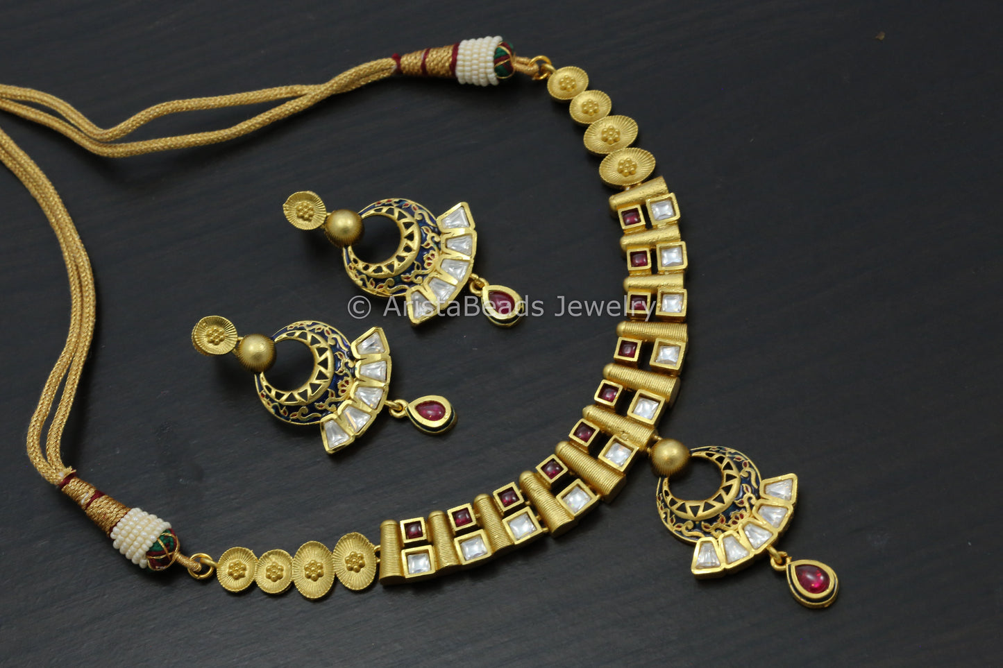 Dainty Kemp & Kundan Enamel Necklace Set - Blue