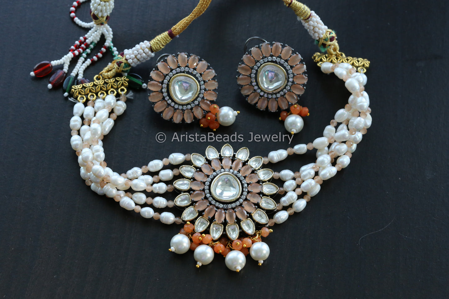 Uncut Kundan Real Pearls Choker Set -Peach