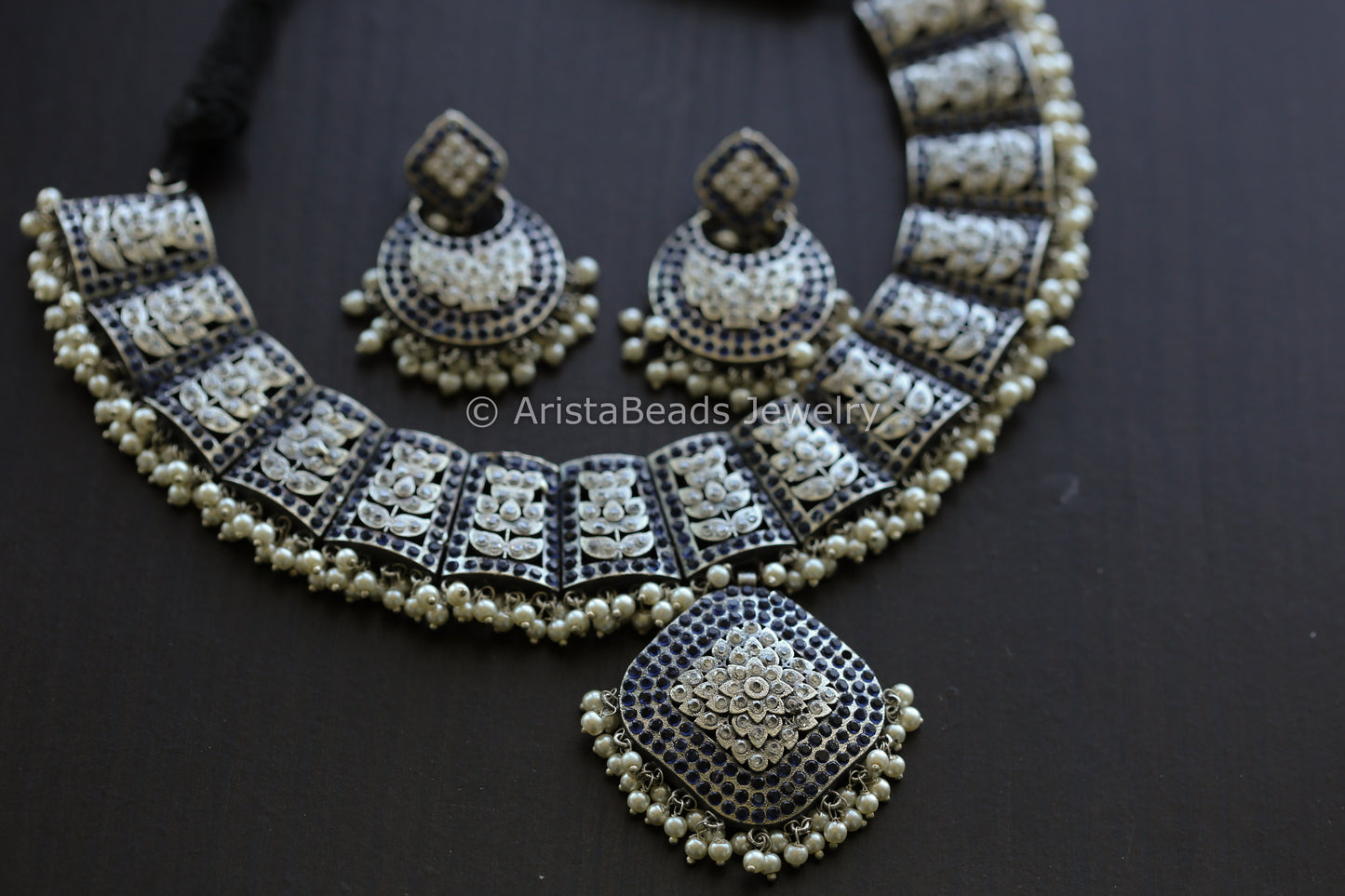 Jadau CZ Oxidized Necklace Set -  Blue Clear