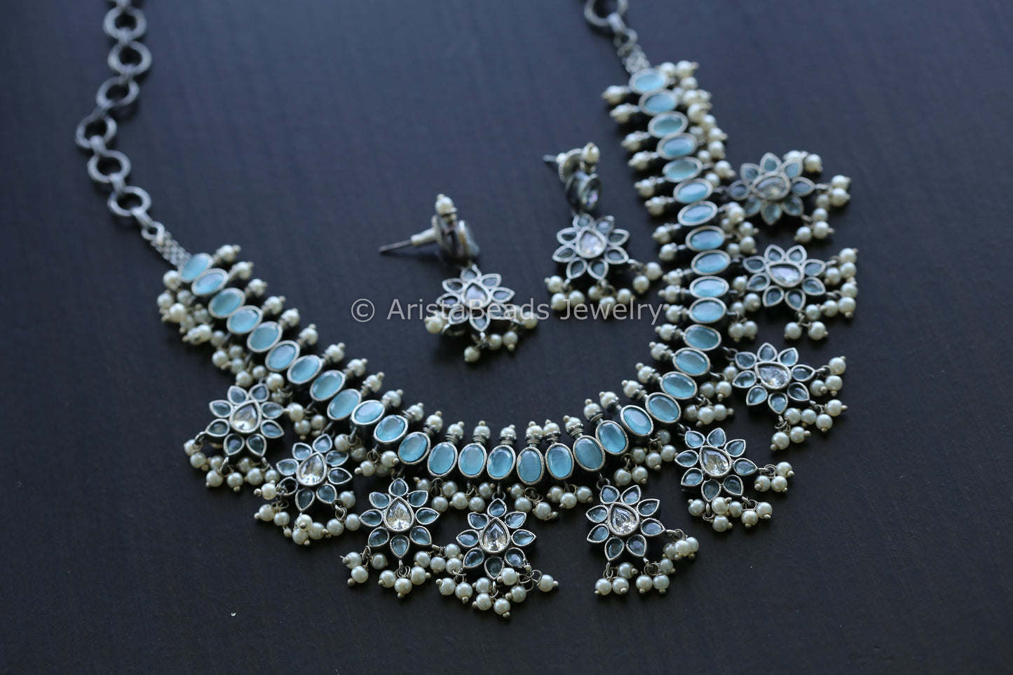 CZ Oxidized Necklace Set - Ice Blue
