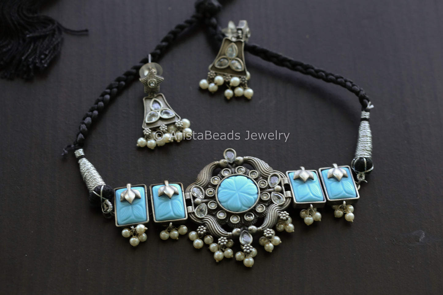 Carved Stones & CZ Choker Set - Turquoise