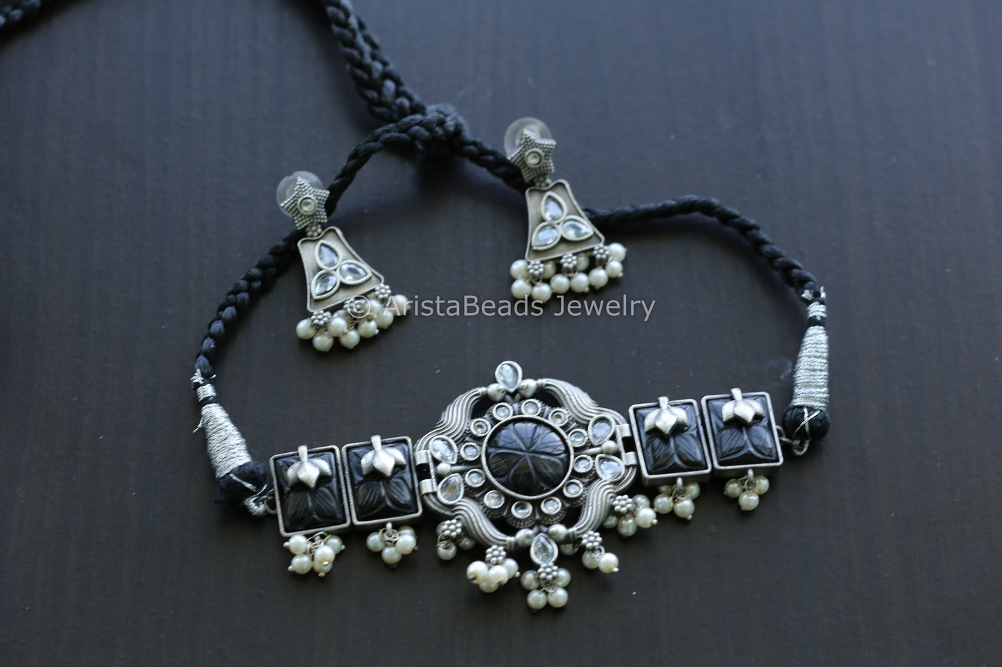 Carved Stones & CZ Choker Set - Black
