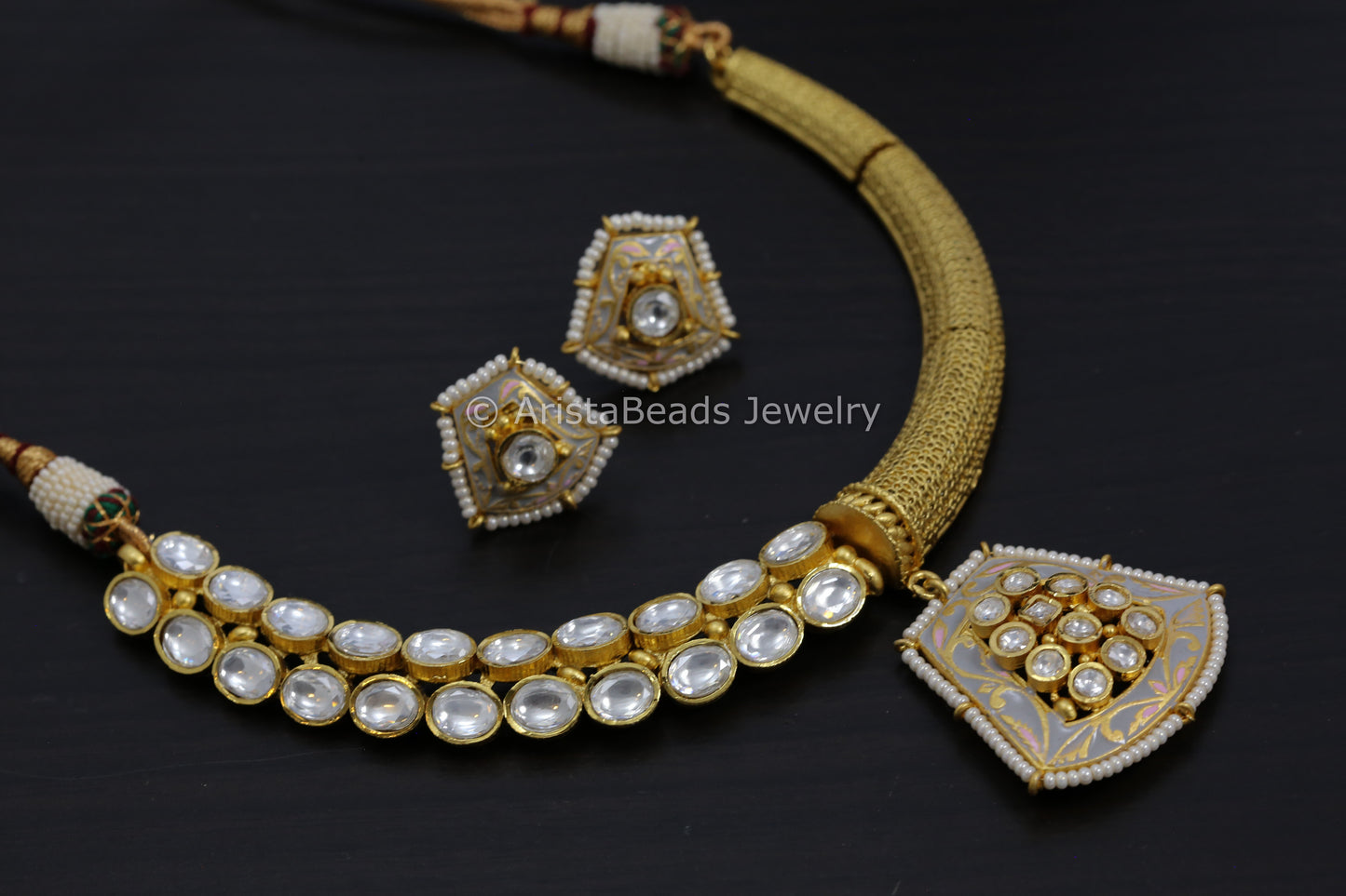 Enamel Kundan Half&Half Hasli Set - Gray