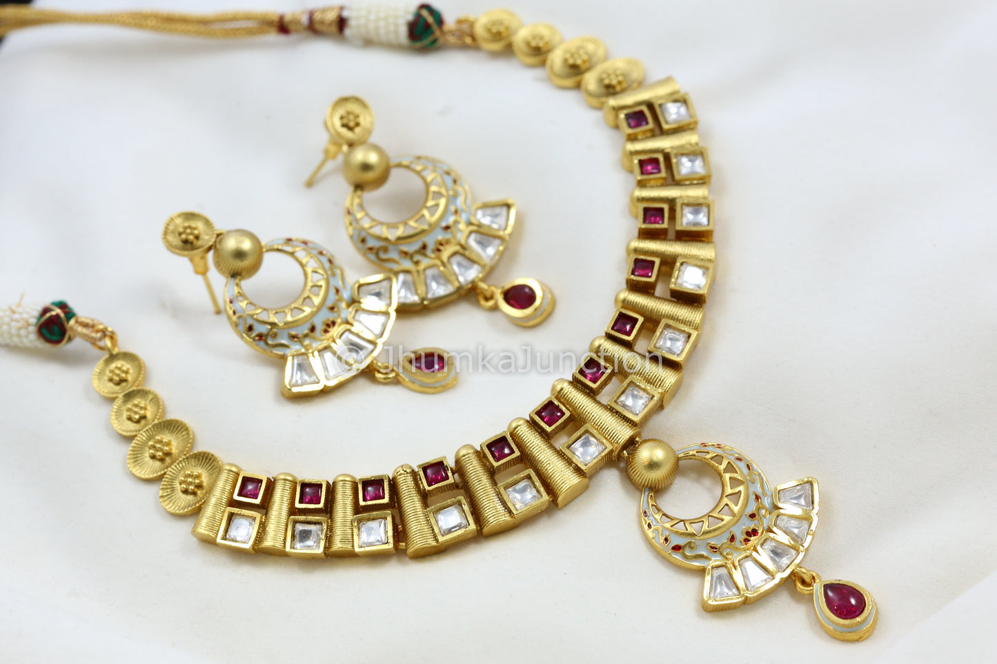 Dainty Kemp & Kundan Enamel Necklace Set - Powder Blue