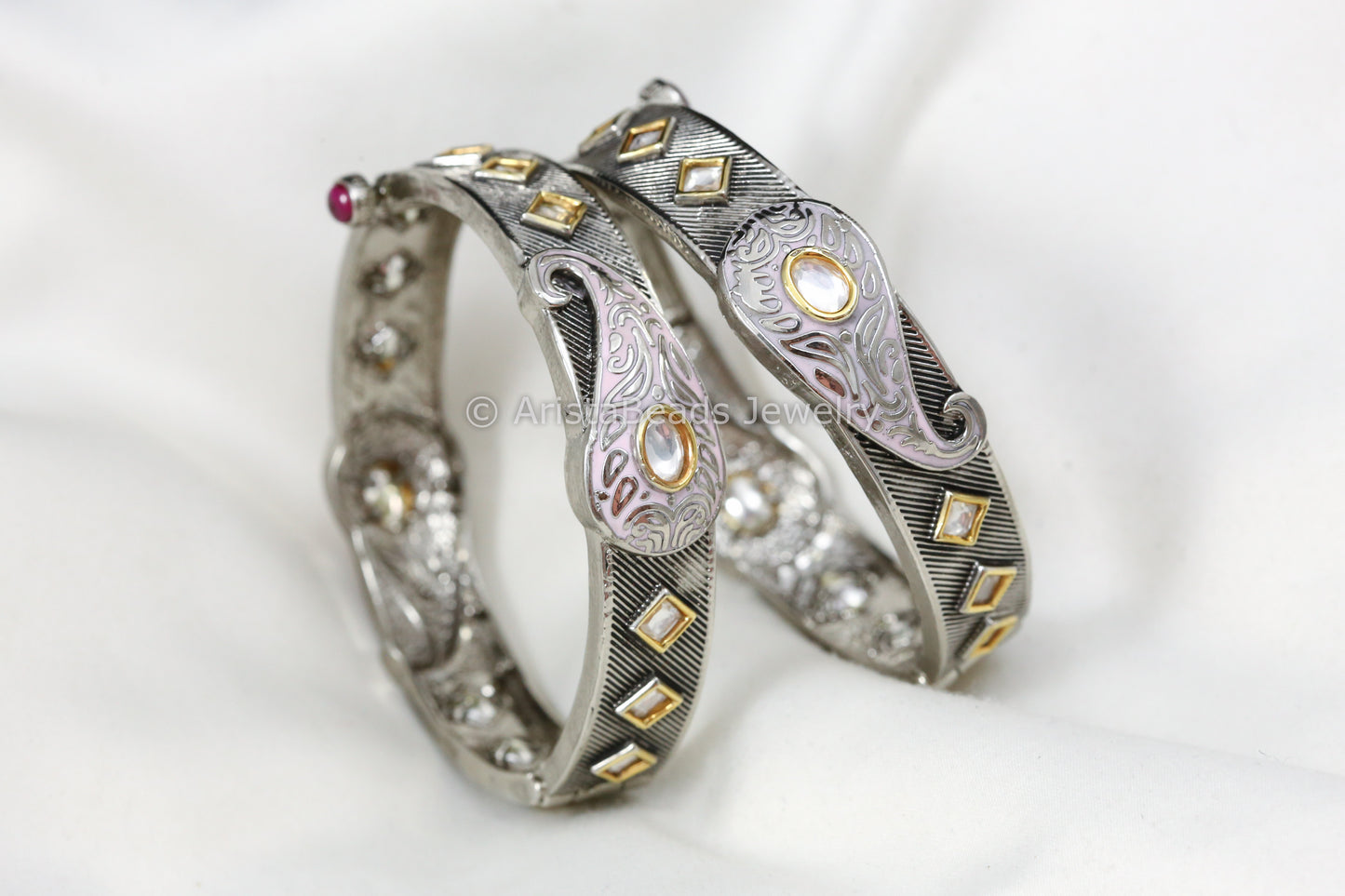Dual Tone Polki Enamel Bangle Set - Pink