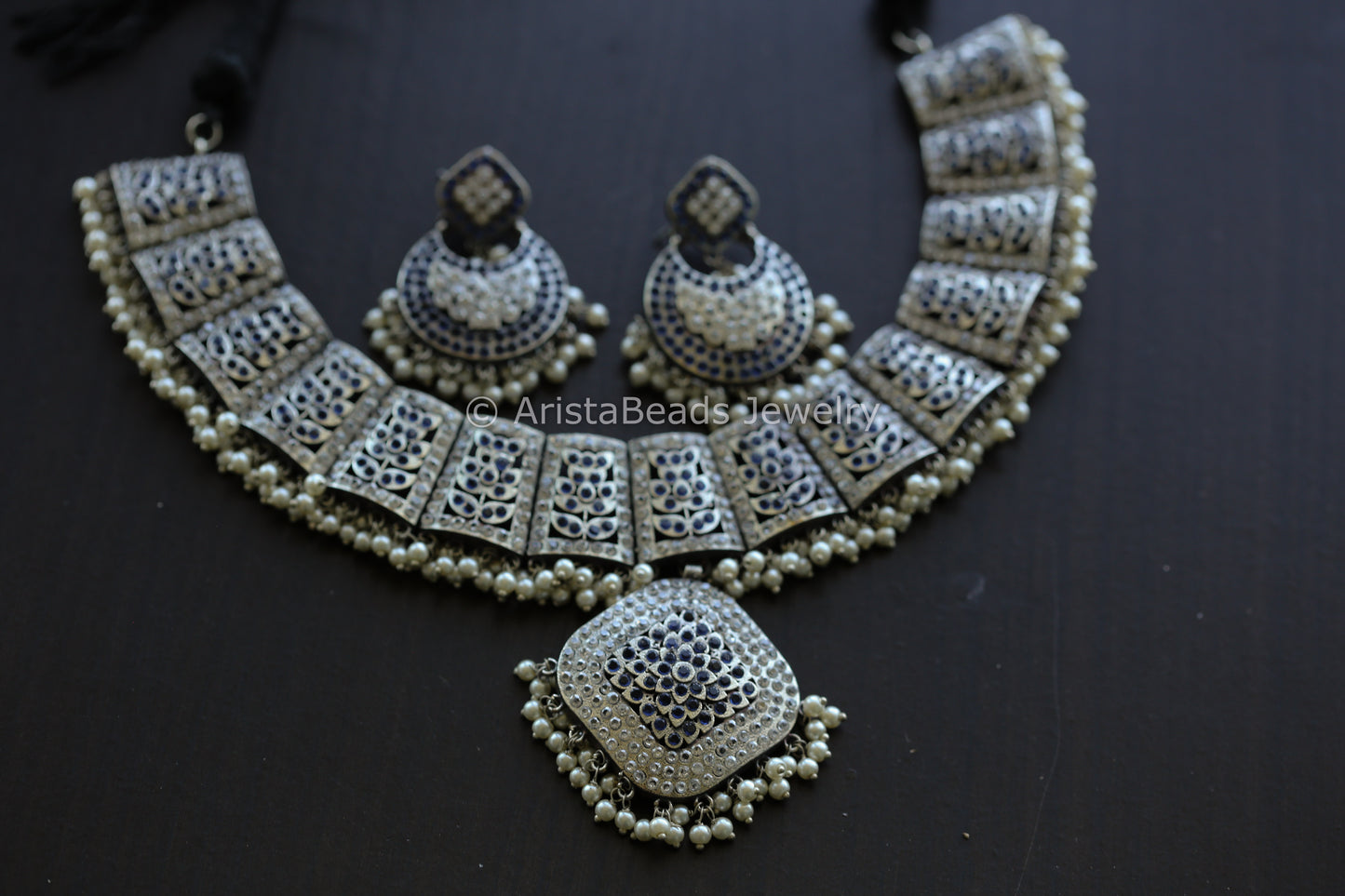 Jadau CZ Oxidized Necklace Set - Clear Blue