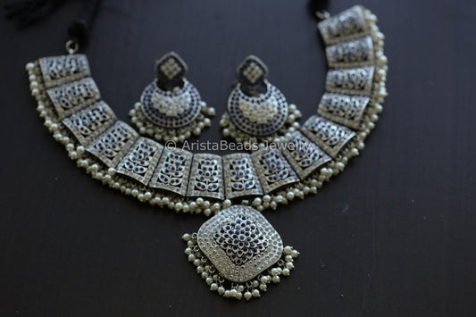Jadau CZ Oxidized Necklace Set - Clear Blue