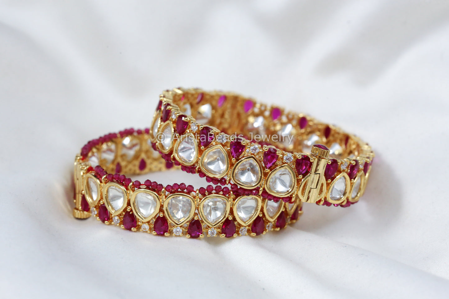 Uncut Polki & Ruby CZ Bangle Set