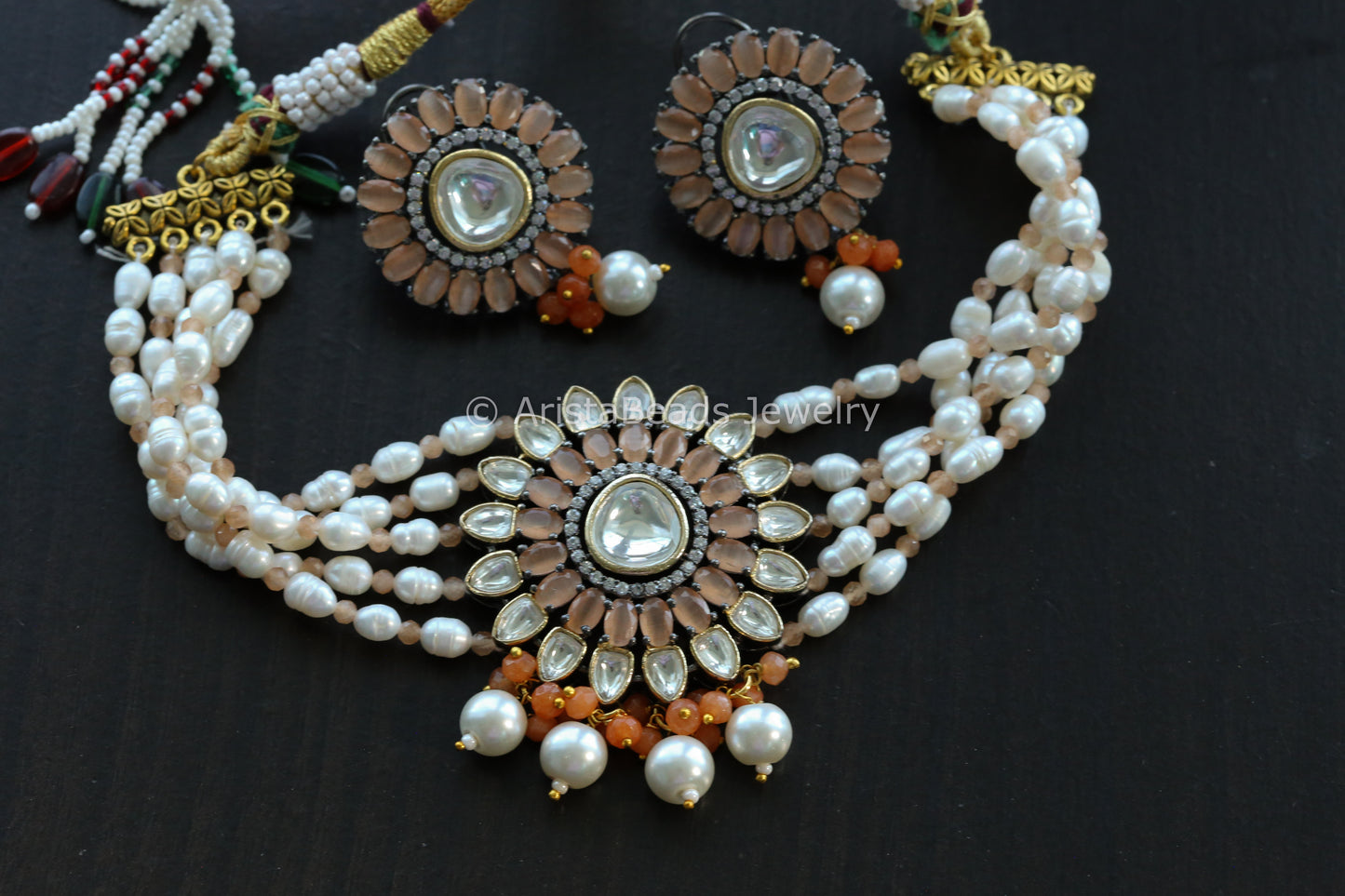 Uncut Kundan Real Pearls Choker Set -Peach