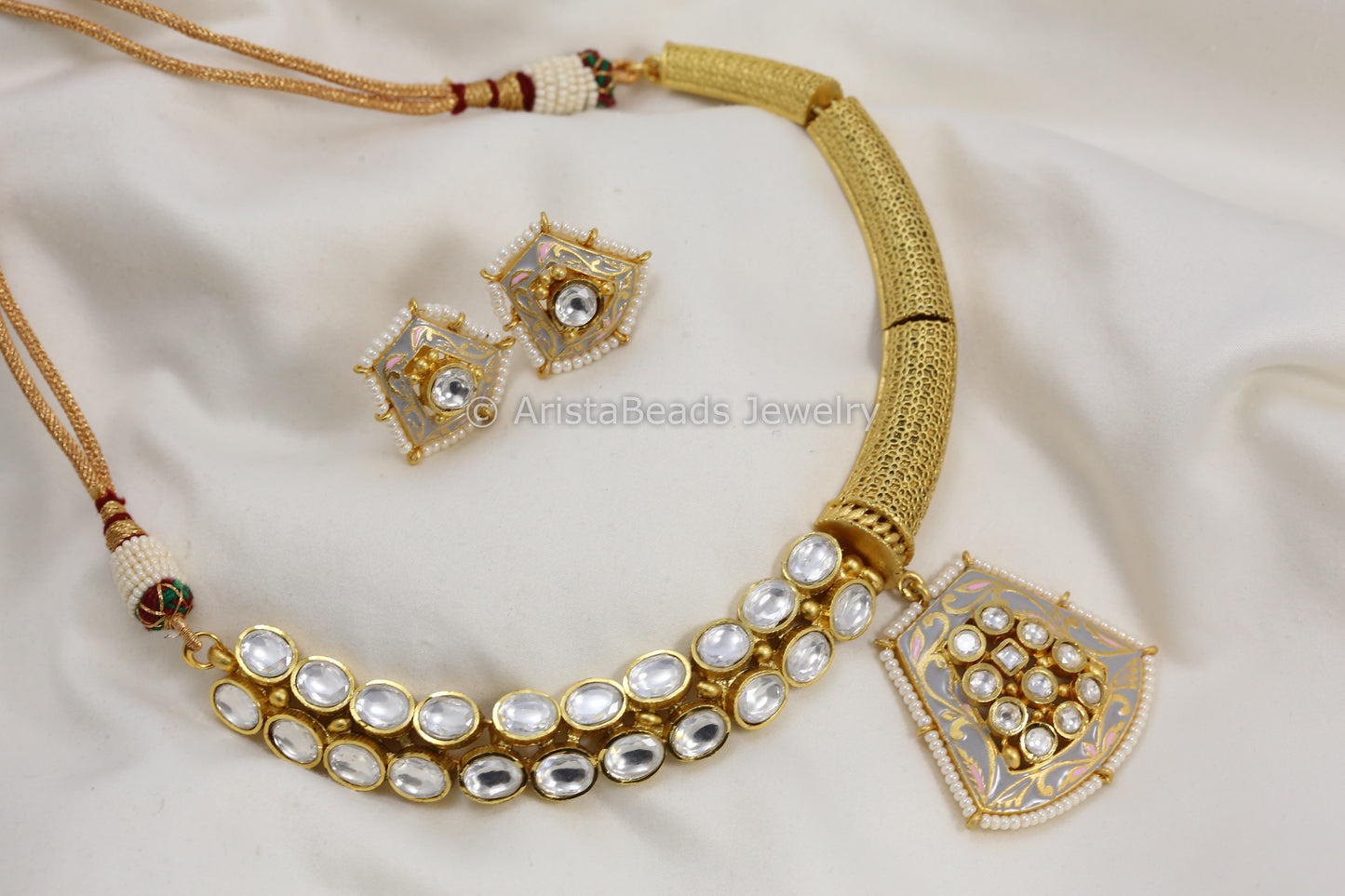 Enamel Kundan Half&Half Hasli Set - Gray