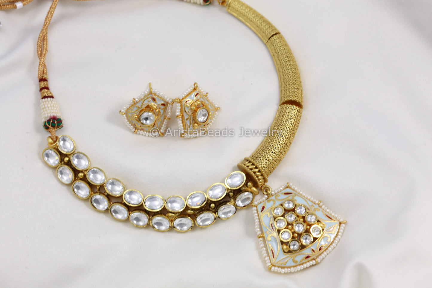 Enamel Kundan Half&HalF Hasli Set - Powder Blue