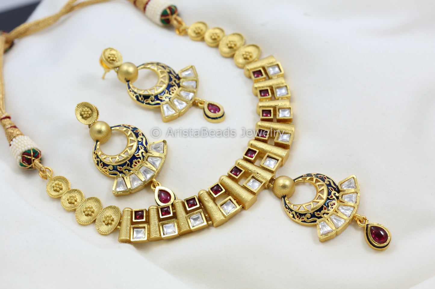 Dainty Kemp & Kundan Enamel Necklace Set - Blue