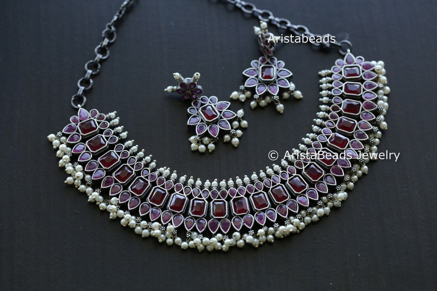 Ruby Stone Oxidized Brass Necklace Set