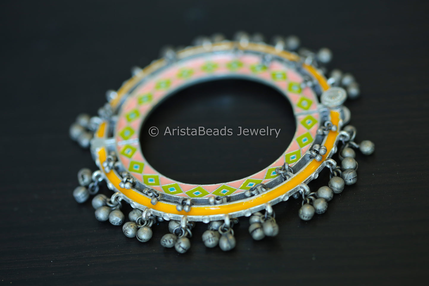 Silver Look Ghungroo Bangle -Yellow Green