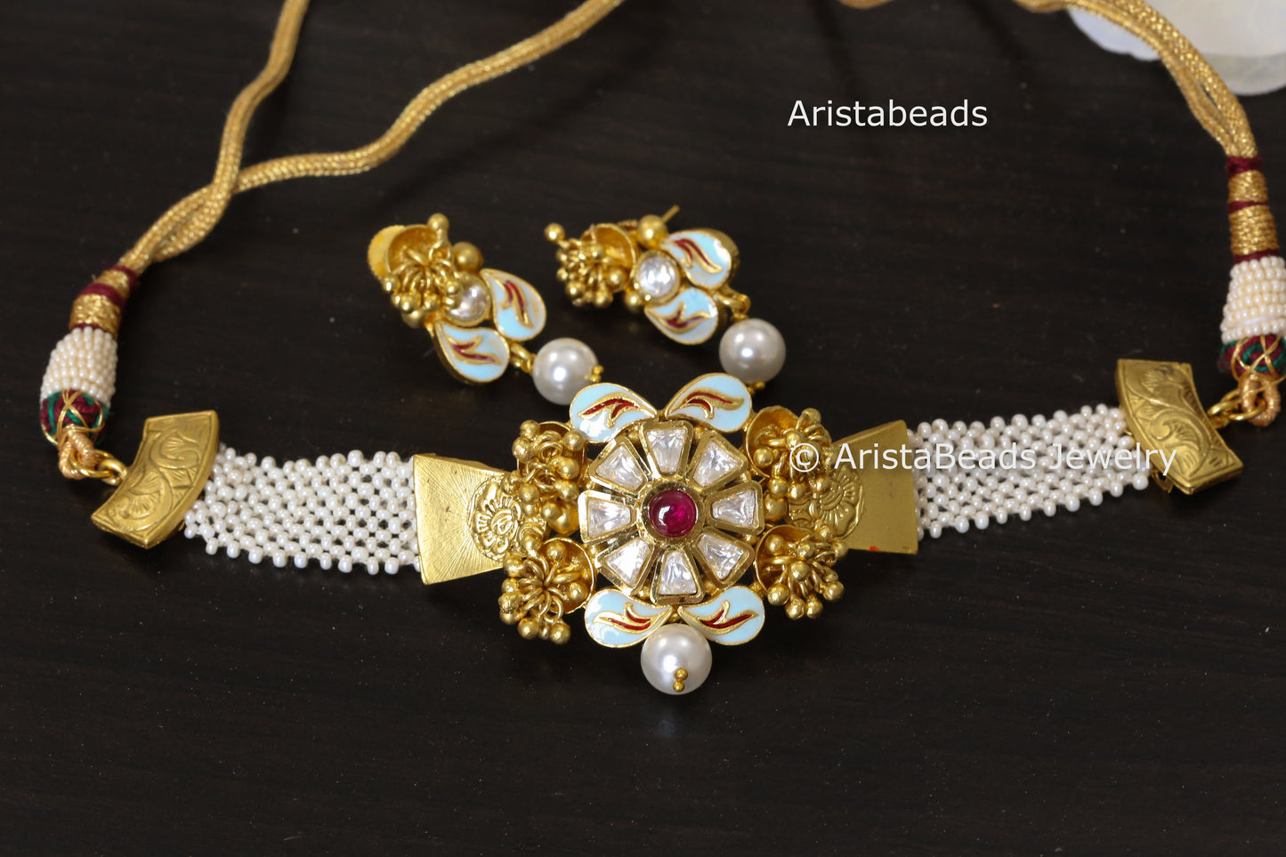 Antique Gold Dainty Enamel Kundan Choker Set -Light Blue