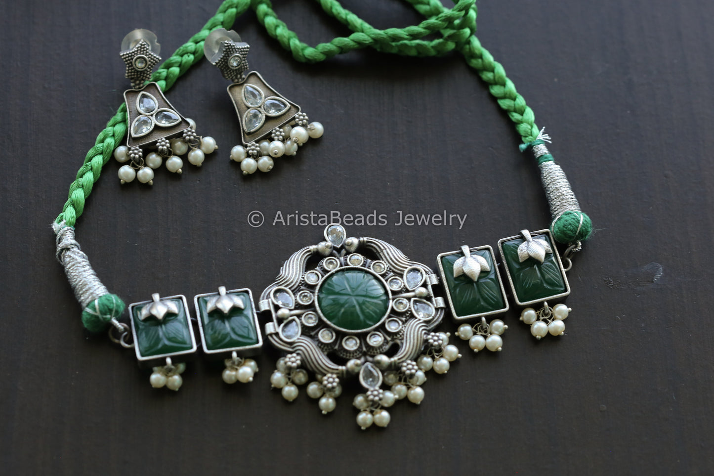 Carved Stones & CZ Choker Set - Green