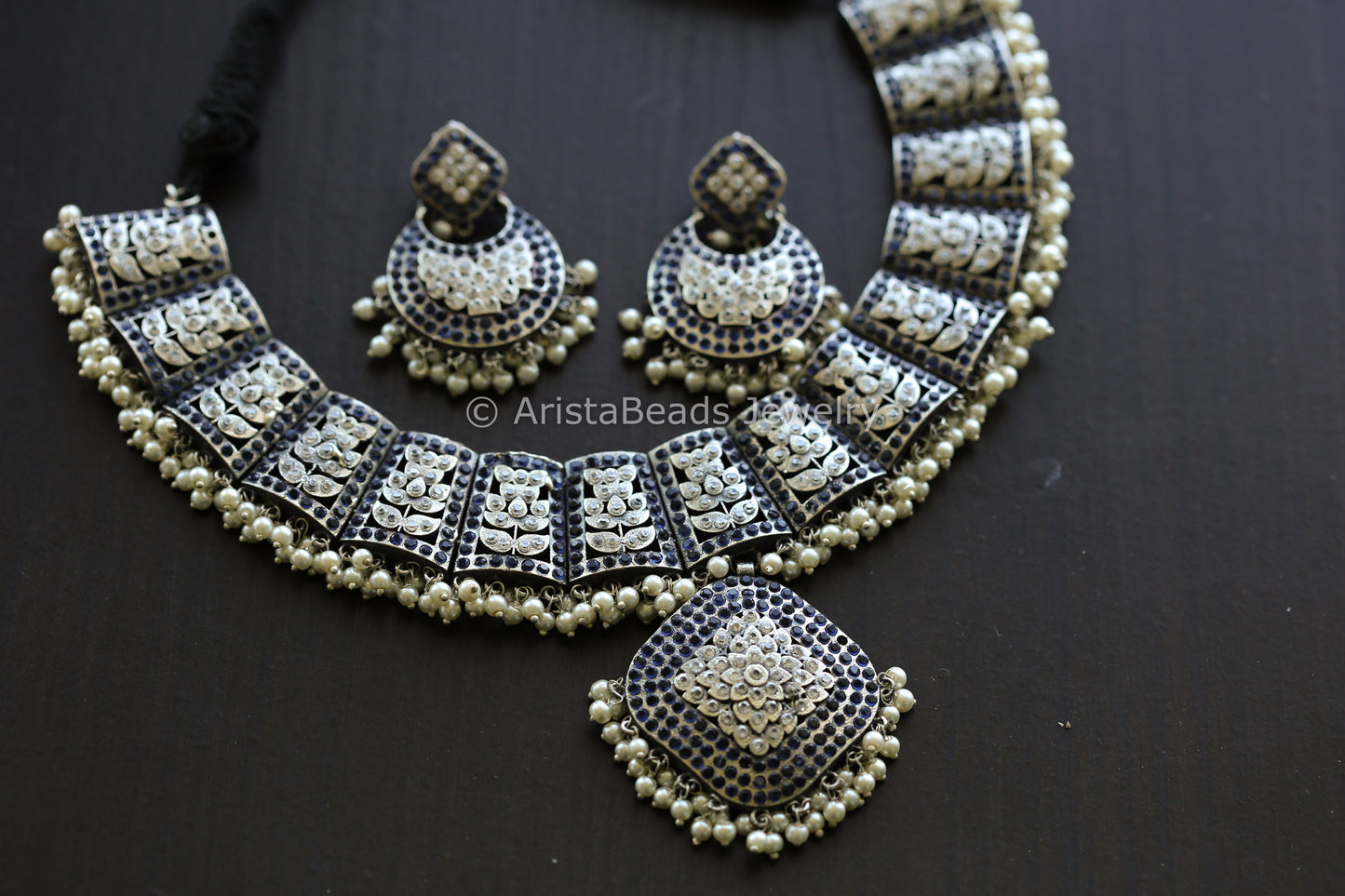 Jadau CZ Oxidized Necklace Set -  Blue Clear