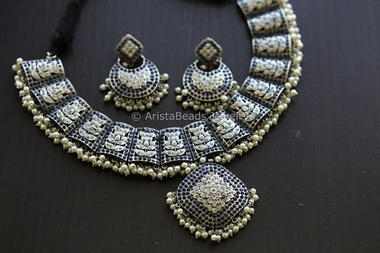 Jadau CZ Oxidized Necklace Set -  Blue Clear