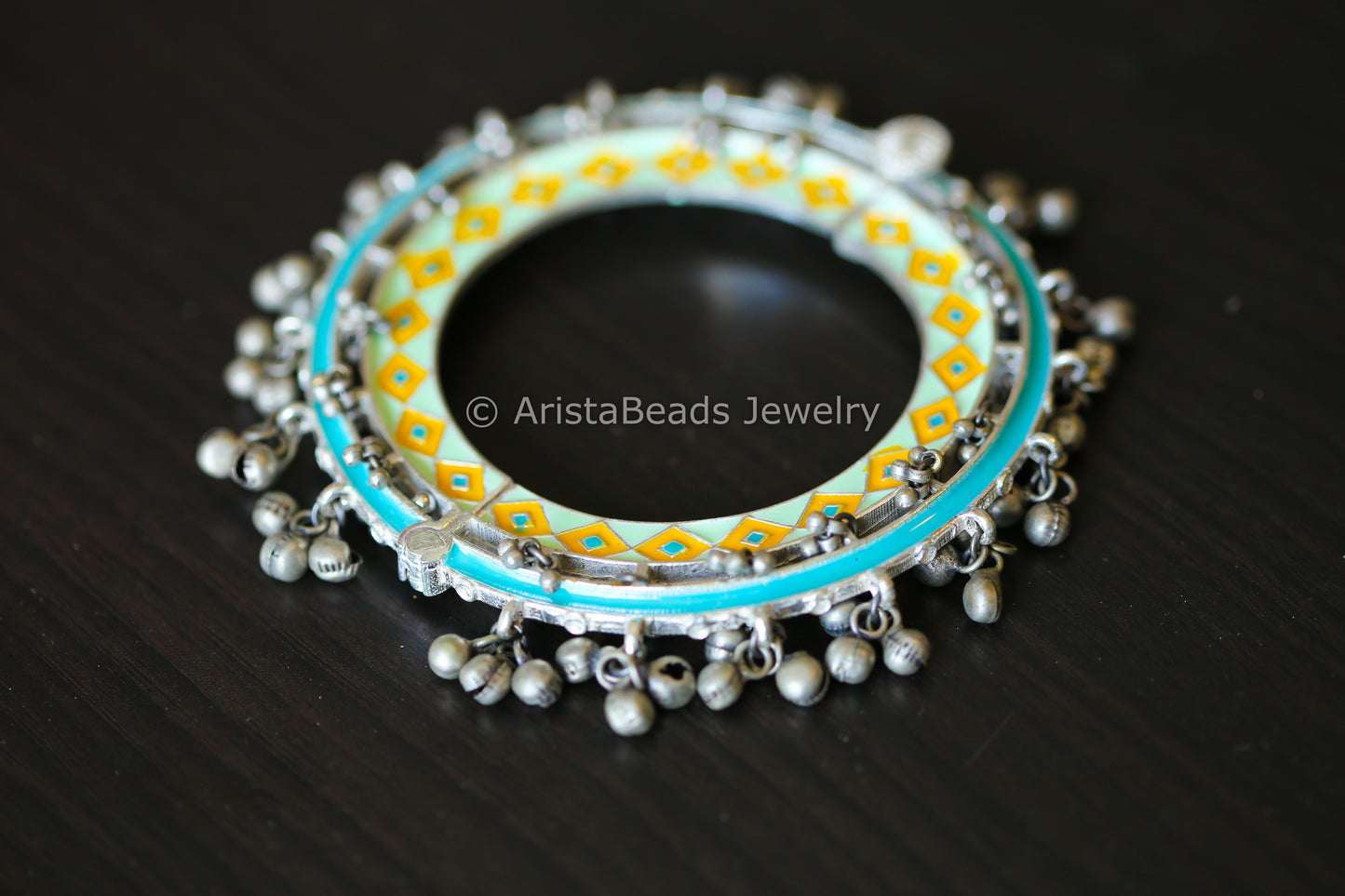 Silver Look Ghungroo Bangle - Blue Yellow