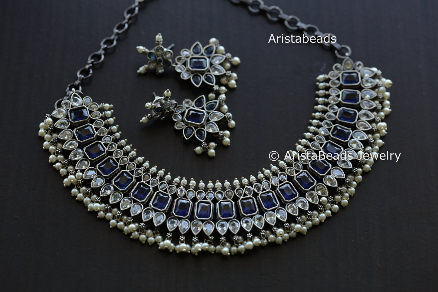 Blue Clear Stone Oxidized Brass Necklace Set
