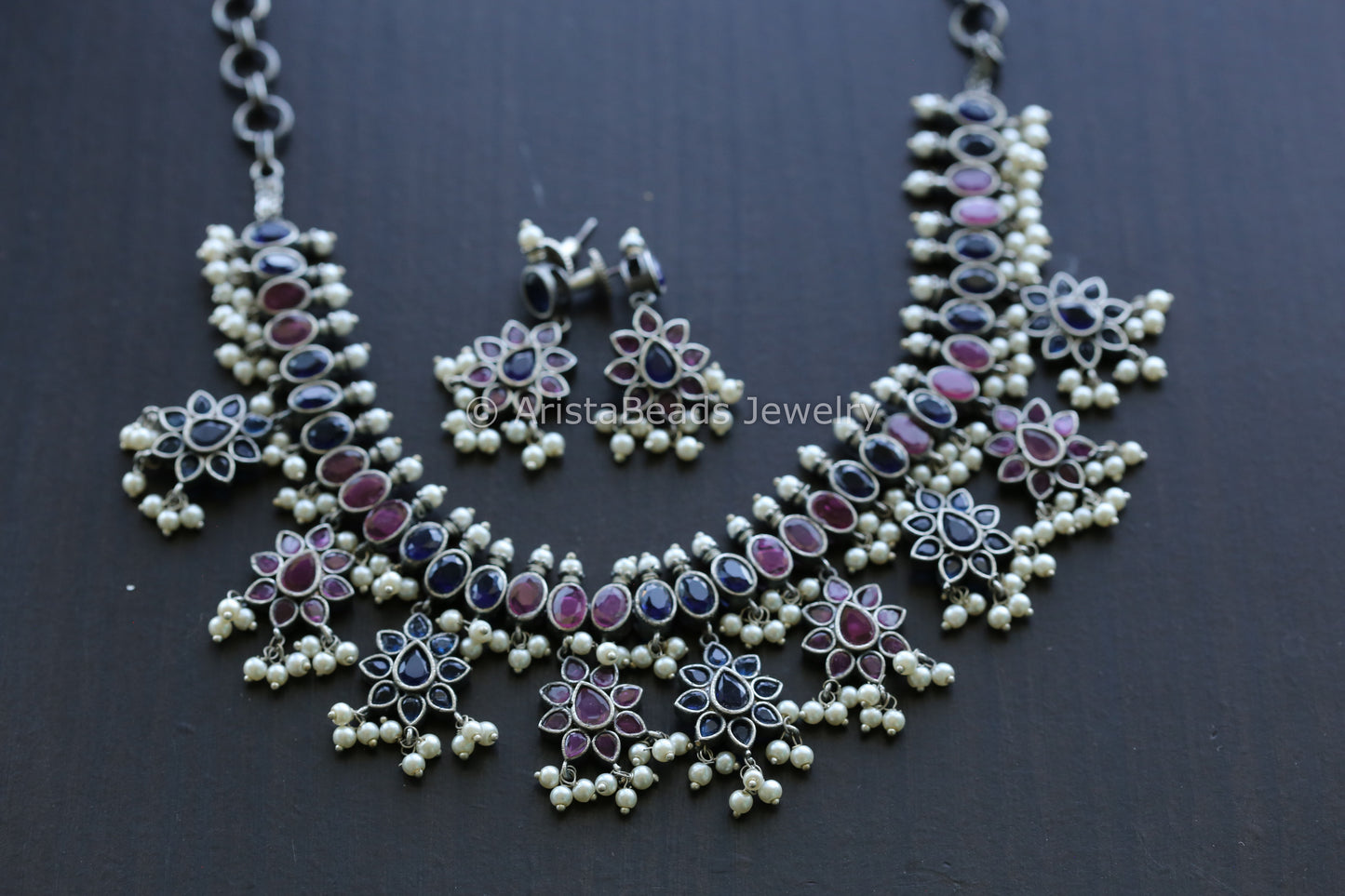 CZ Oxidized Necklace Set - Blue Ruby