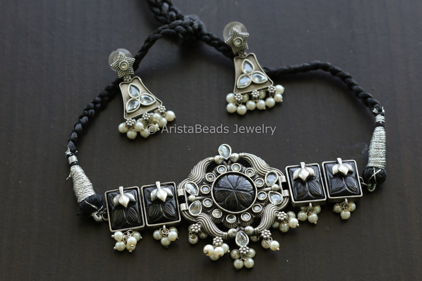 Carved Stones & CZ Choker Set - Black