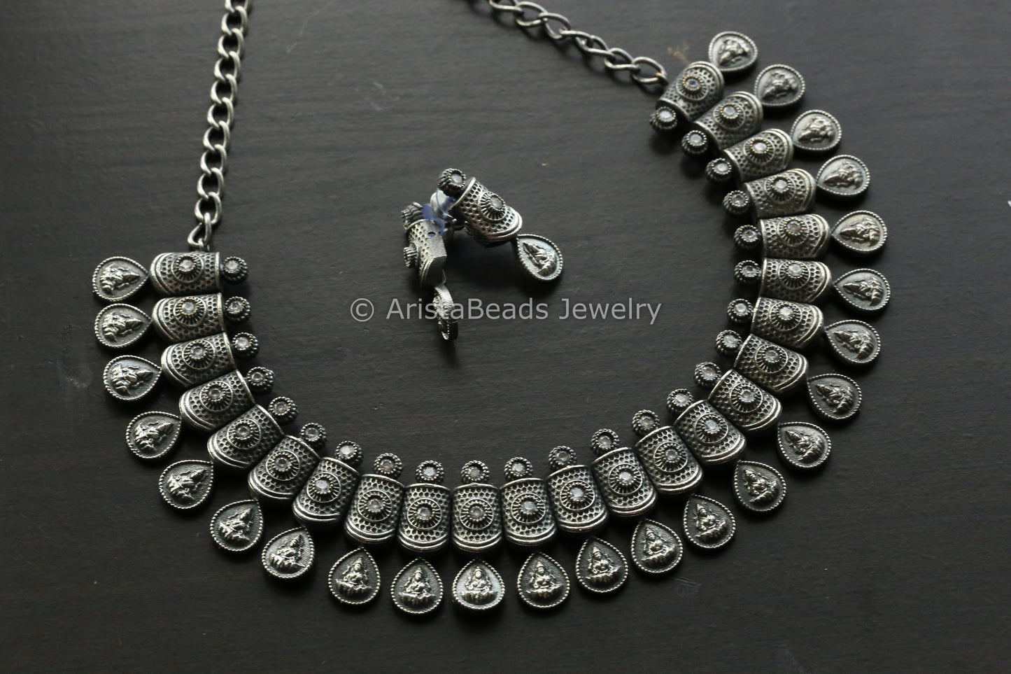 Oxidized Clear Stones Lakshmi Necklace Set