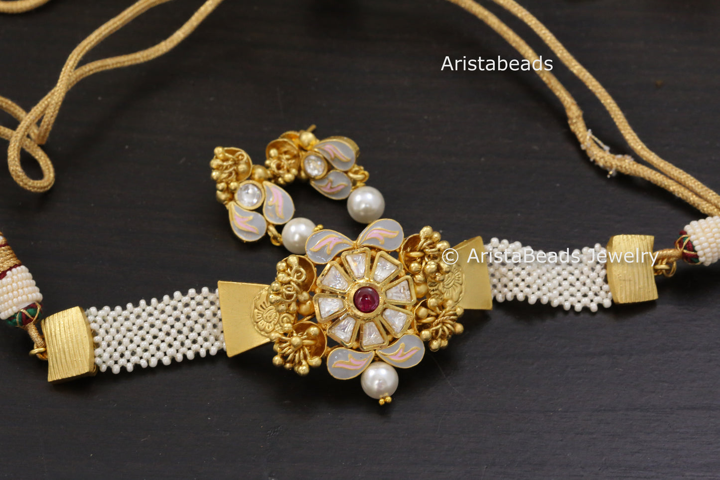 Antique Gold Dainty Enamel Kundan Choker Set -Gray