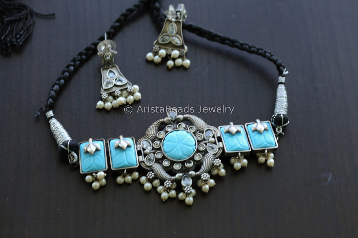 Carved Stones & CZ Choker Set - Turquoise