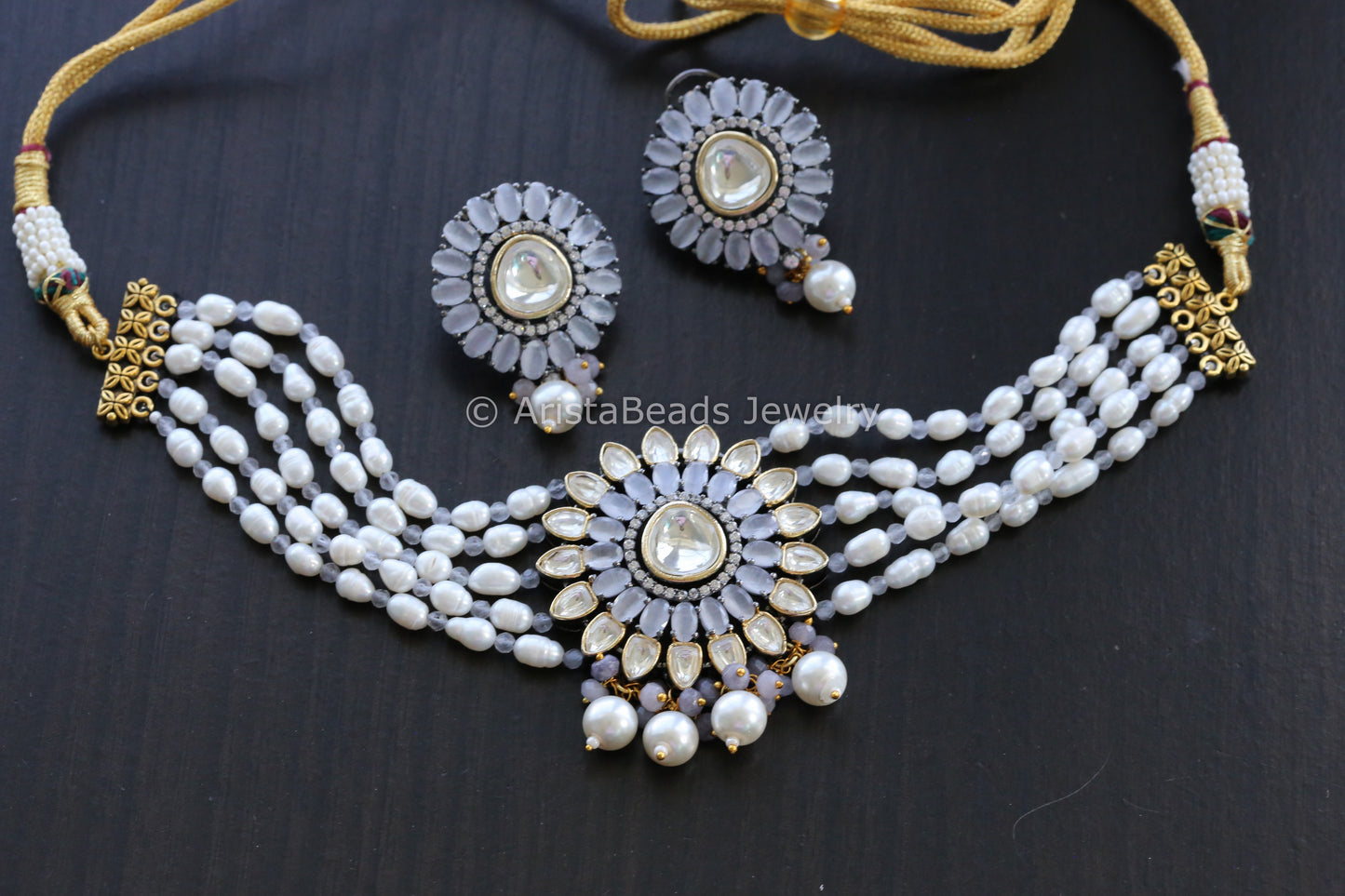 Uncut Kundan Real Pearls Choker Set -Gray