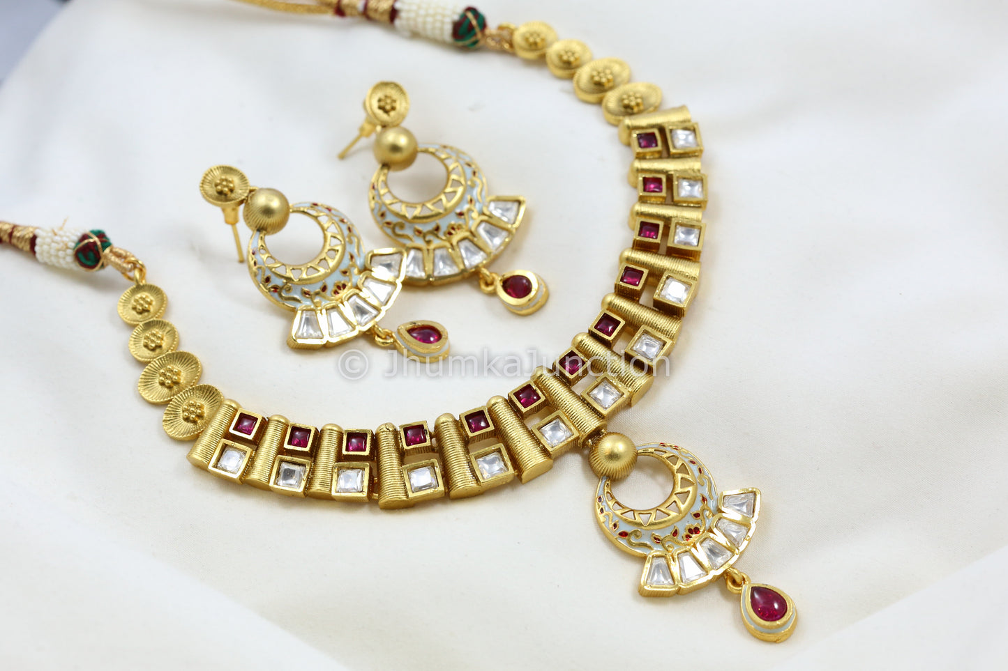Dainty Kemp & Kundan Enamel Necklace Set - Powder Blue