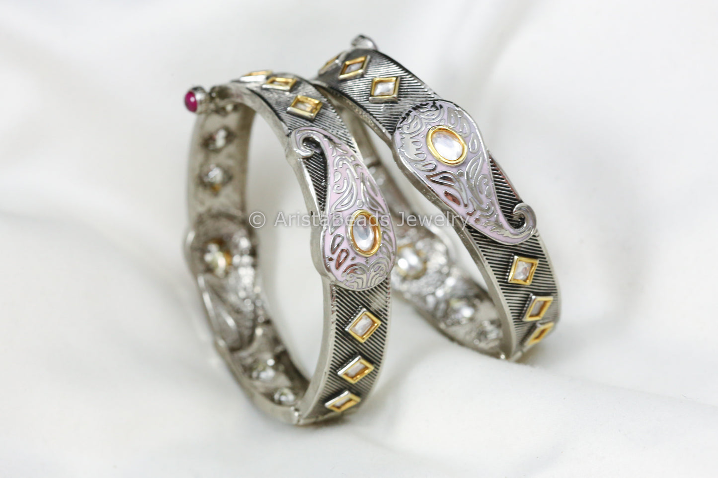 Dual Tone Polki Enamel Bangle Set - Pink