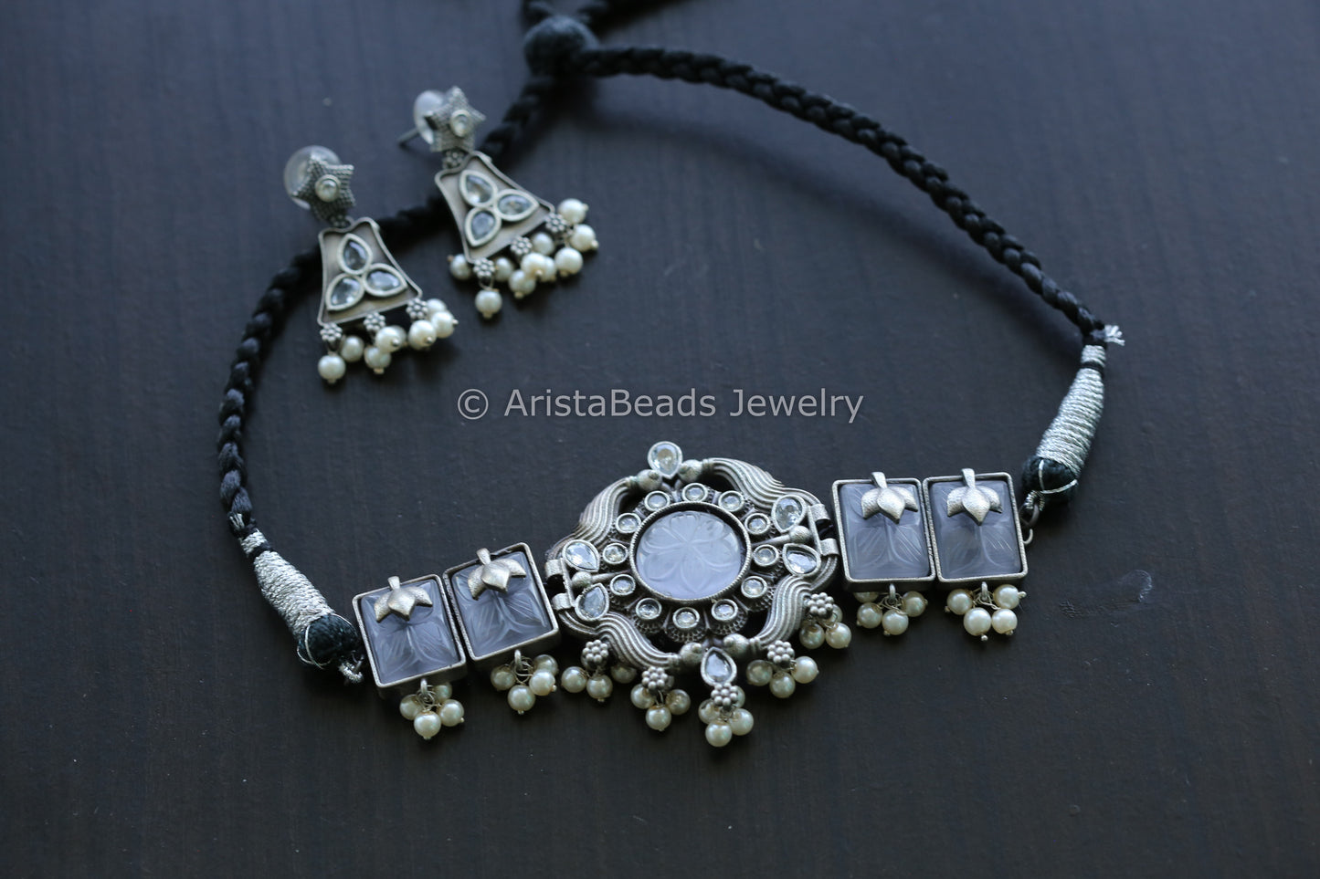 Carved Stones & CZ Choker Set - Gray