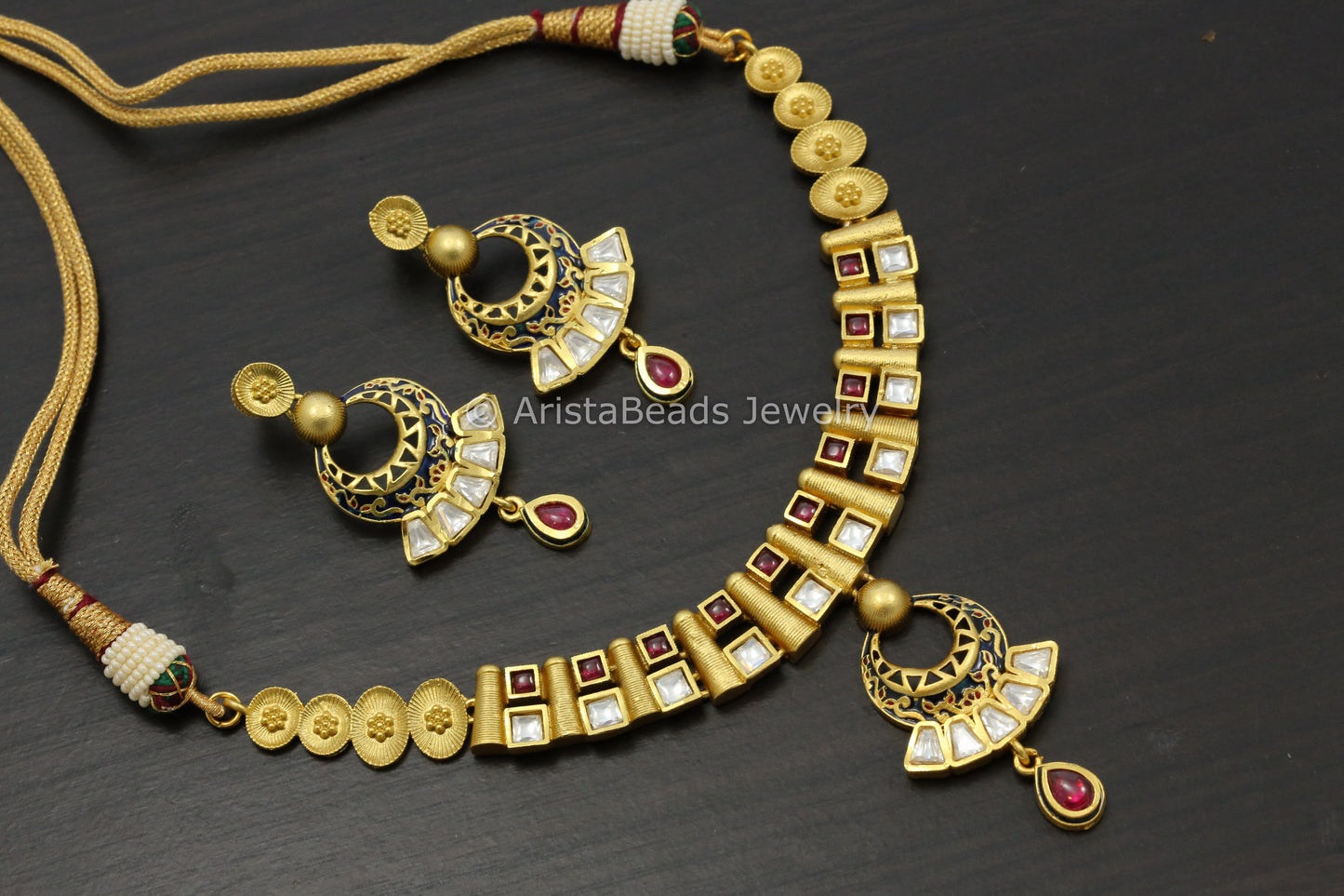 Dainty Kemp & Kundan Enamel Necklace Set - Blue