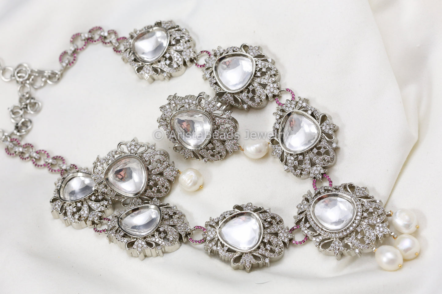 Big Kundan Polki & CZ Necklace Set With Real Pearl Drops