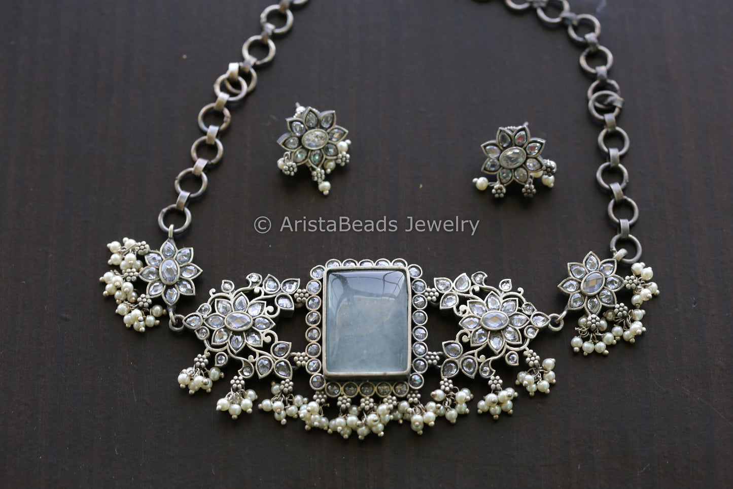 Gray Stone & Clear CZ Oxidized Necklace Set
