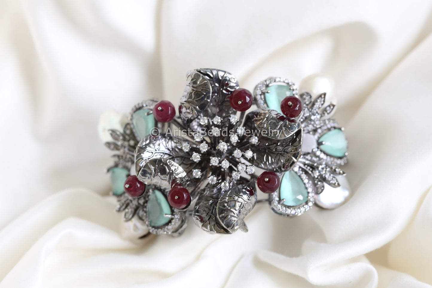 Victorian Finish CZ & Baroque Pearl Bracelet ( Adjustable)