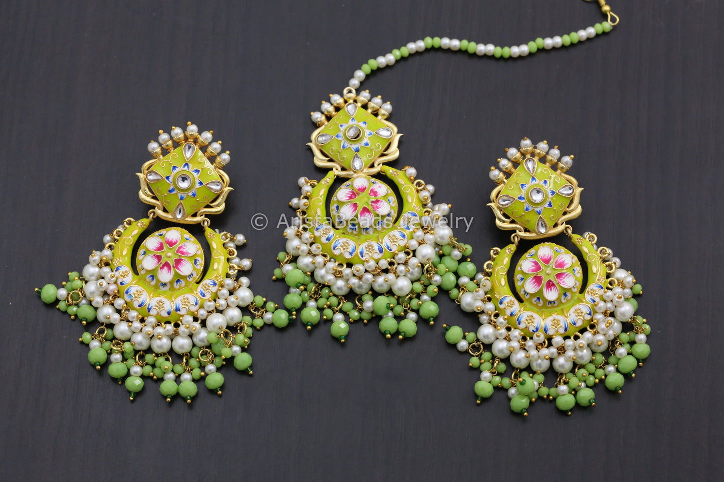 Enamel Kundan Chandbaali Tika Set