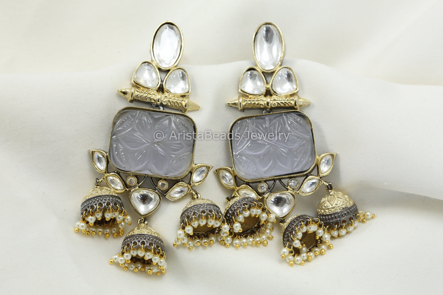 Carved Stone Layered Jhumka - Gray