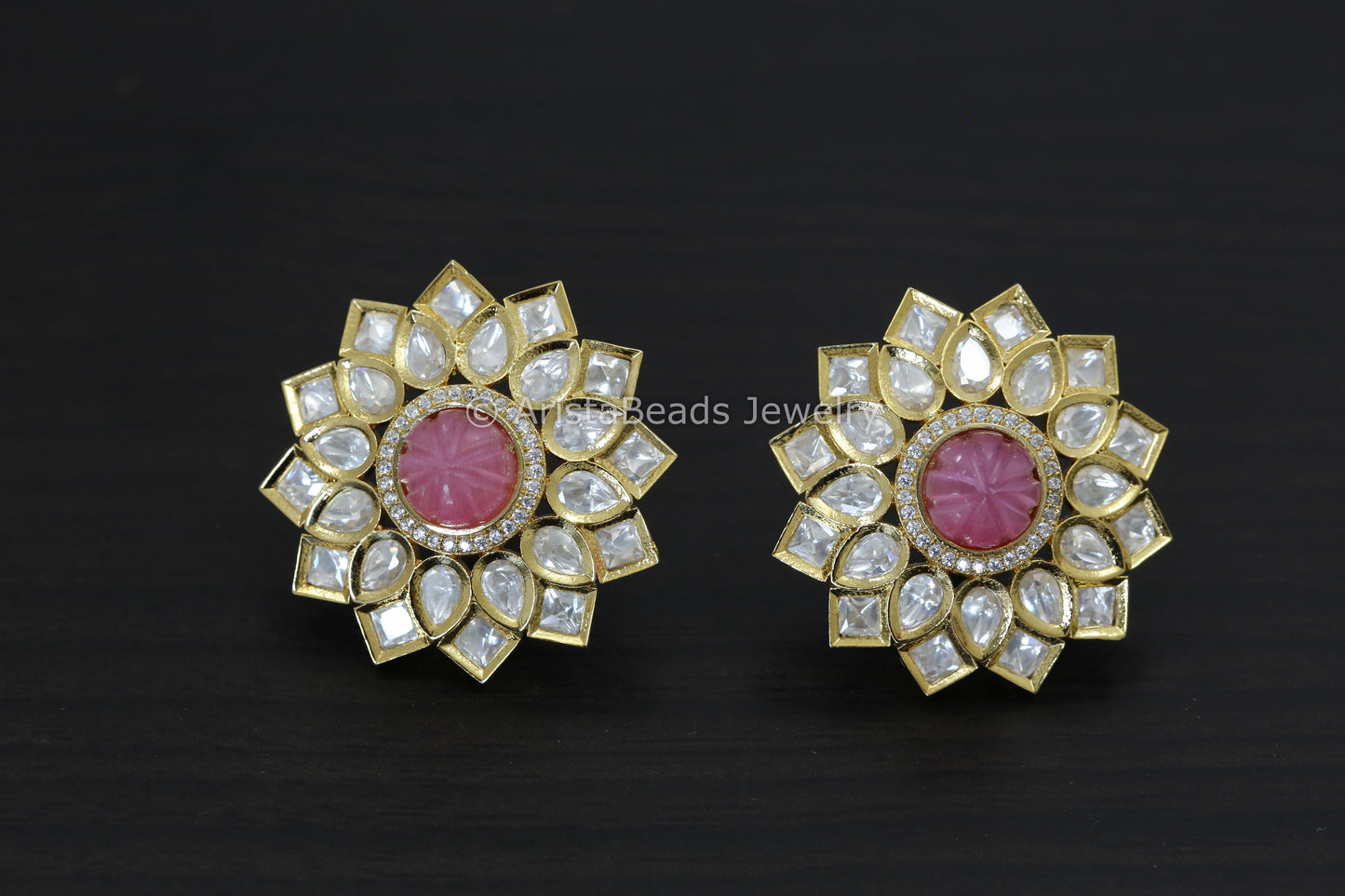 Large Silver Foil Kundan Carved Stone Studs