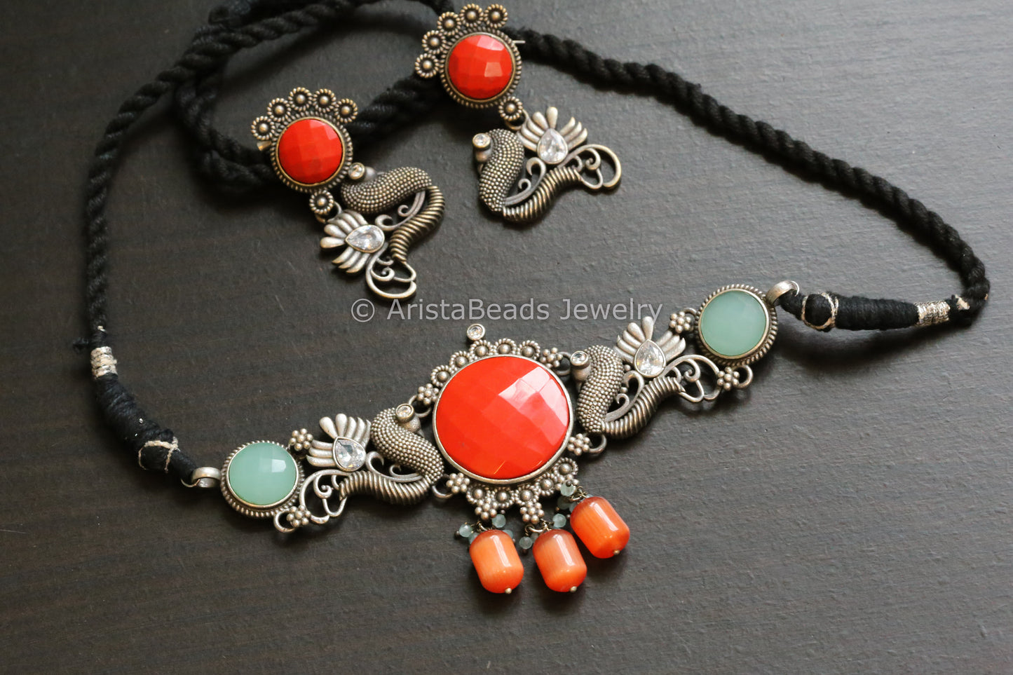 Bright Red & Mint Peacock Choker Set